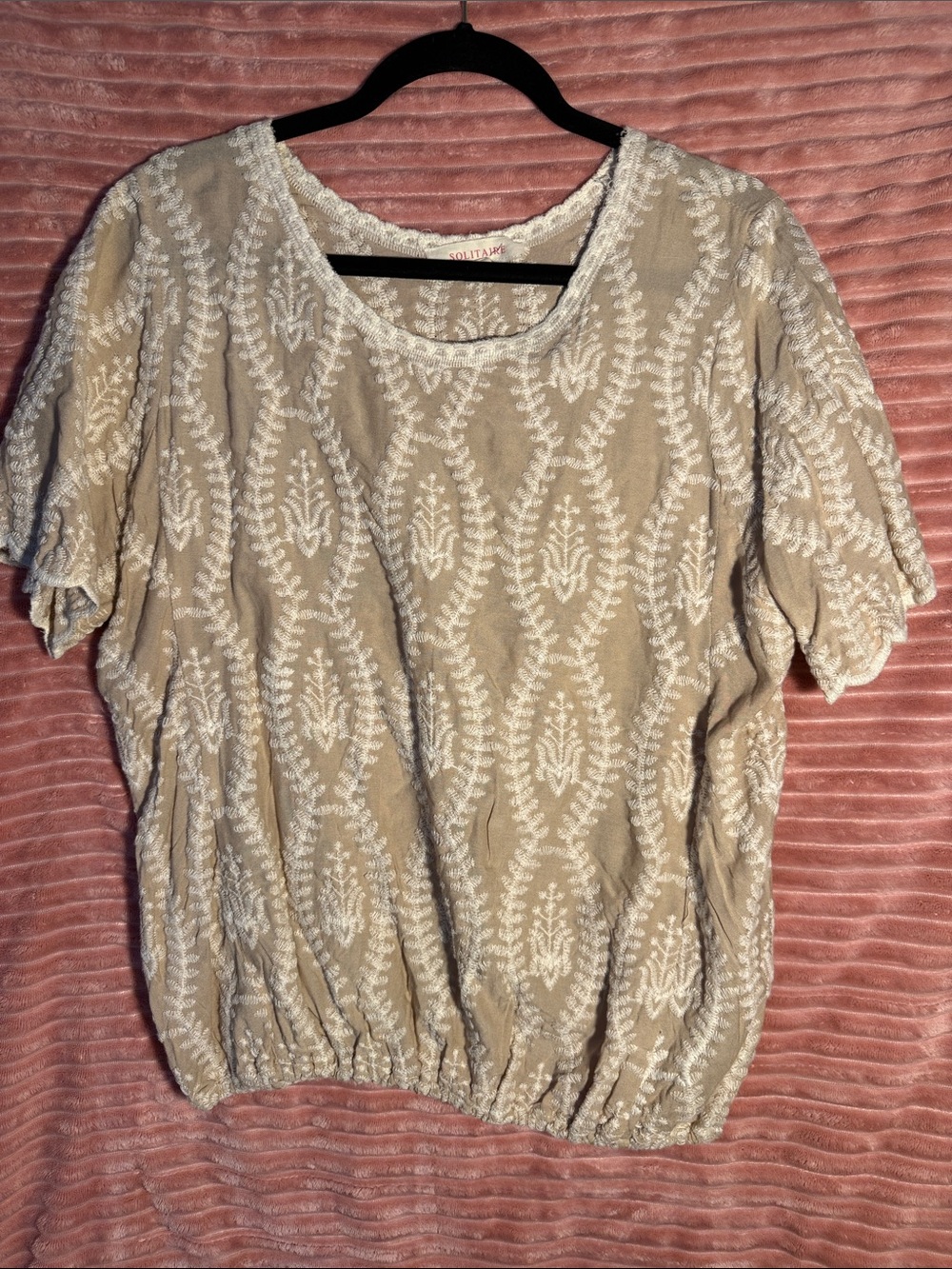 Solitaire Beige Embroidered Short Sleeve Scoop Neck Top